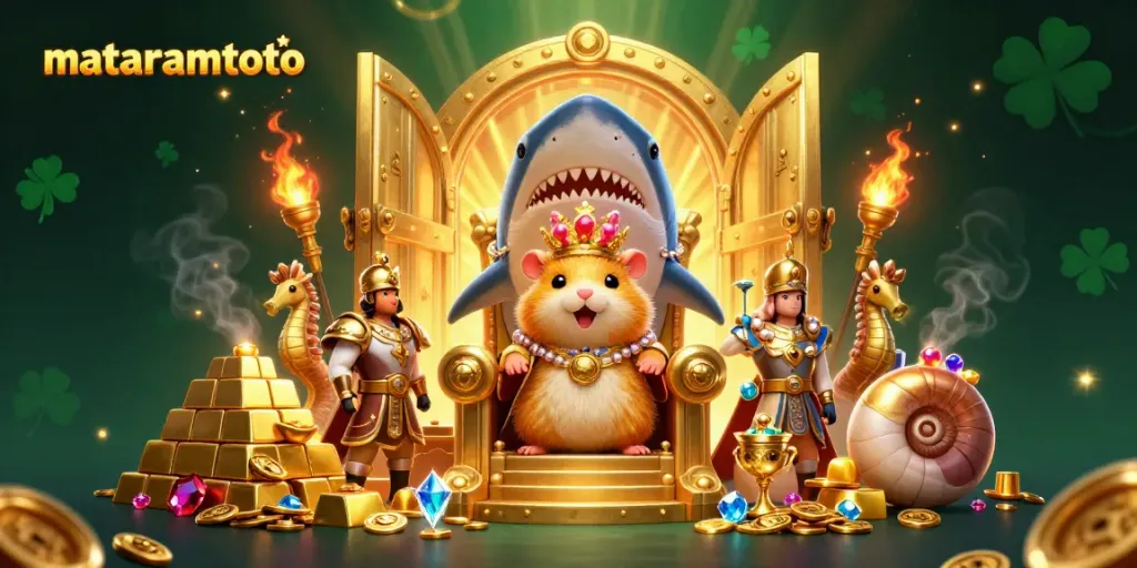 Engage with mataramtoto through royal hamster gameplay amidst treasure in a vibrant casino scene.
