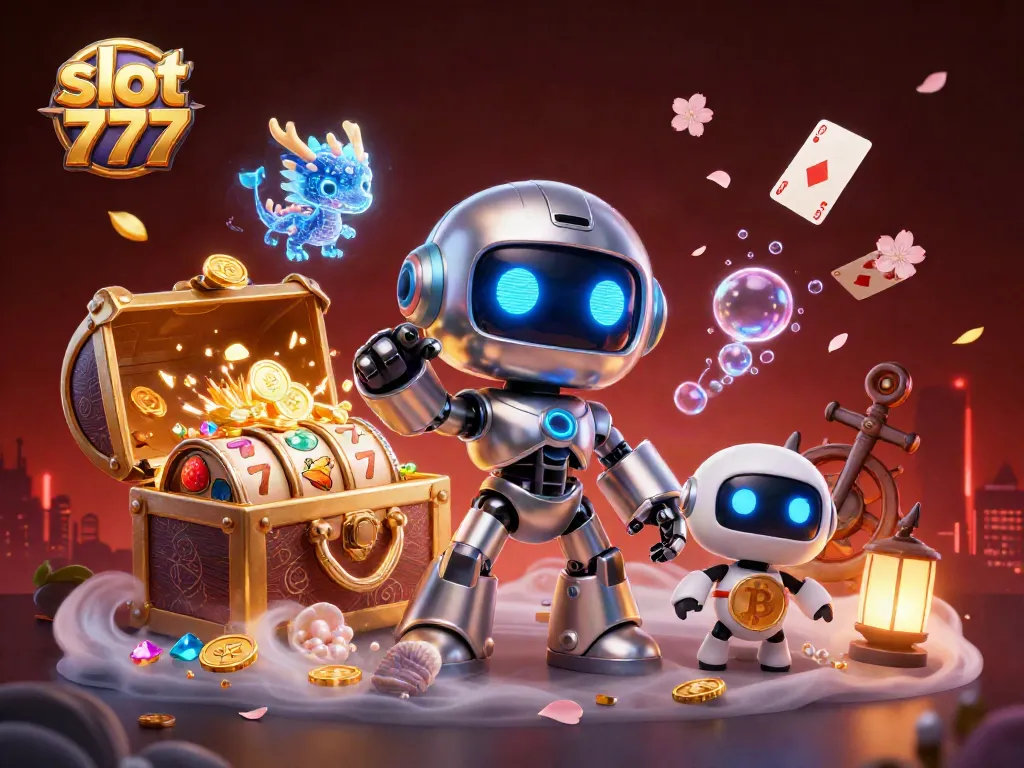 Slot 777 menawarkan keceriaan dengan visual mesin slot dan simbol keberuntungan dalam ilustrasi.