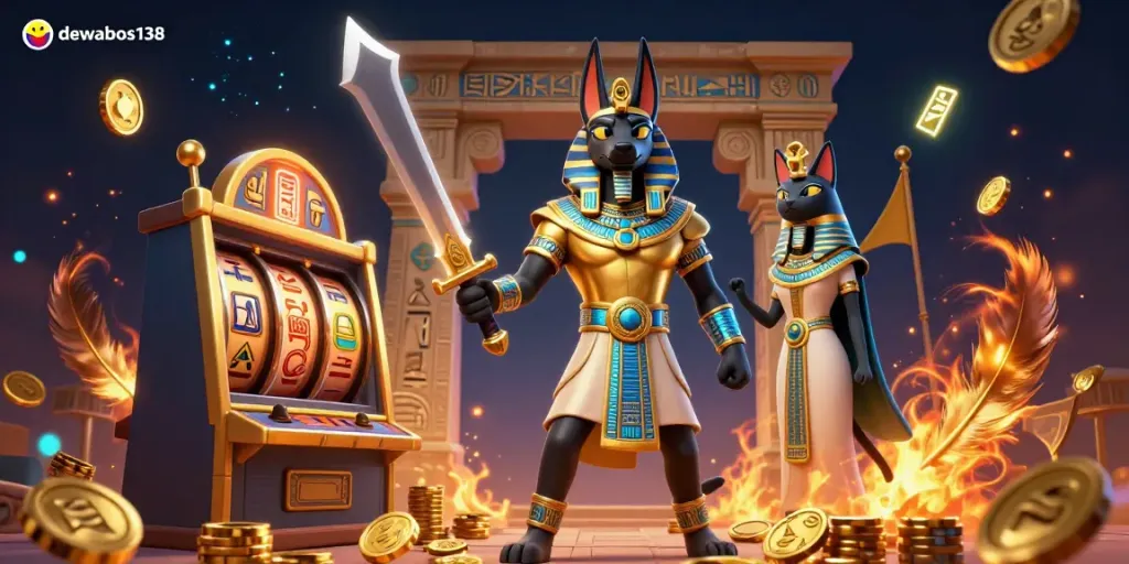 dewabos138 menampilkan Anubis dan Bastet dalam ilustrasi kasino dengan slot, koin emas, dan efek semarak.
