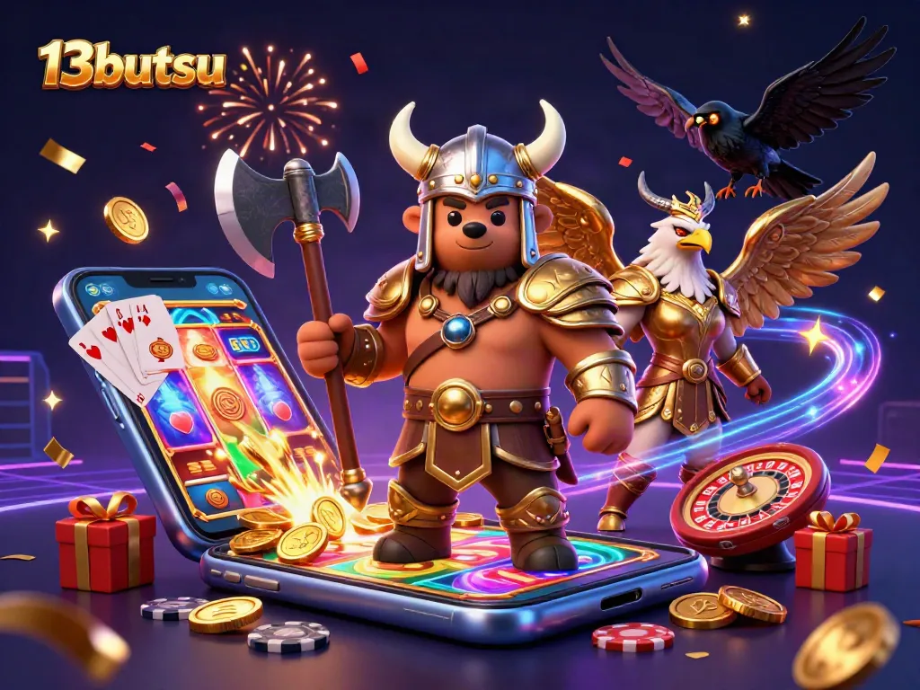 Engage with thrilling slots at 13butsu, featuring a fierce Viking bear and Valkyrie amidst gold coins and vibrant games.