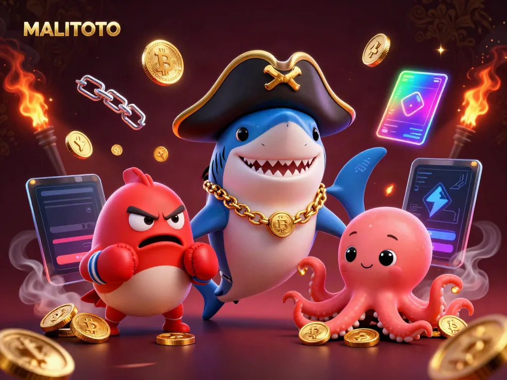 MALITOTO showcases a vibrant 3D scene with a shark, pufferfish, and octopus in a casino-themed digital world.