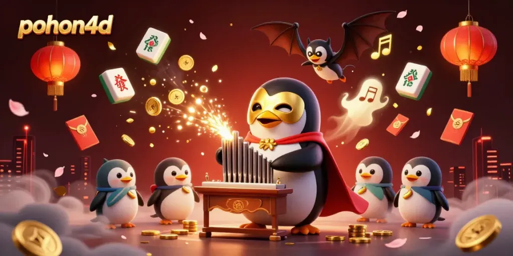 Pohon4D penguin organist shooting coins in a vibrant casino-themed 3D illustration.