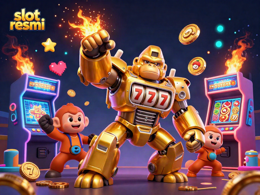 Menangkan jackpot dengan slot resmi! Ilustrasi 3D penuh warna dengan karakter seperti gorila mekanik bertema mesin slot.