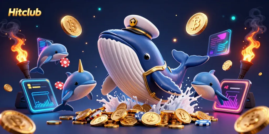 Engage in thrilling casino action at Hitclub with vibrant characters amidst coins and crypto-themed visuals.