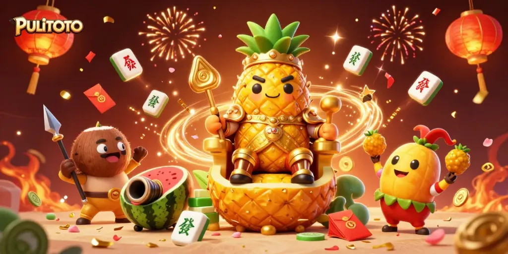PULITOTO engages players in a vibrant beach casino scene with a golden pineapple king.
