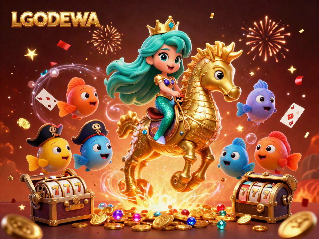 Experience the excitement of LGODEWA with a mermaid princess, seahorse, and slot reels.