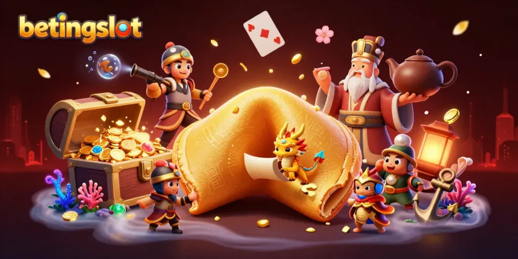 Menggali jackpot di betingslot dengan karakter kartun di latar kasino magis.