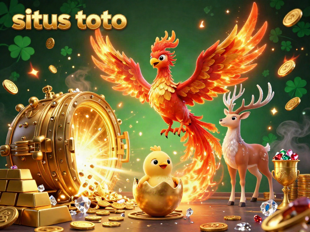 Experience the thrill of situs toto as the legendary fire phoenix and mystical stag illuminate a rich casino scene filled with treasures.