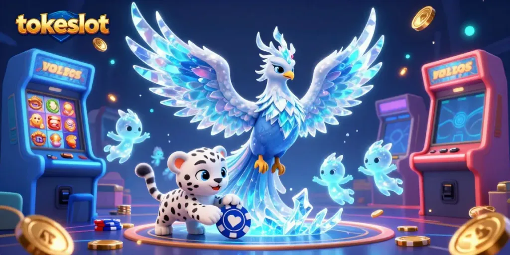 Win at tokeslot with an exciting illustration featuring vibrant gaming elements and a mythical phoenix.