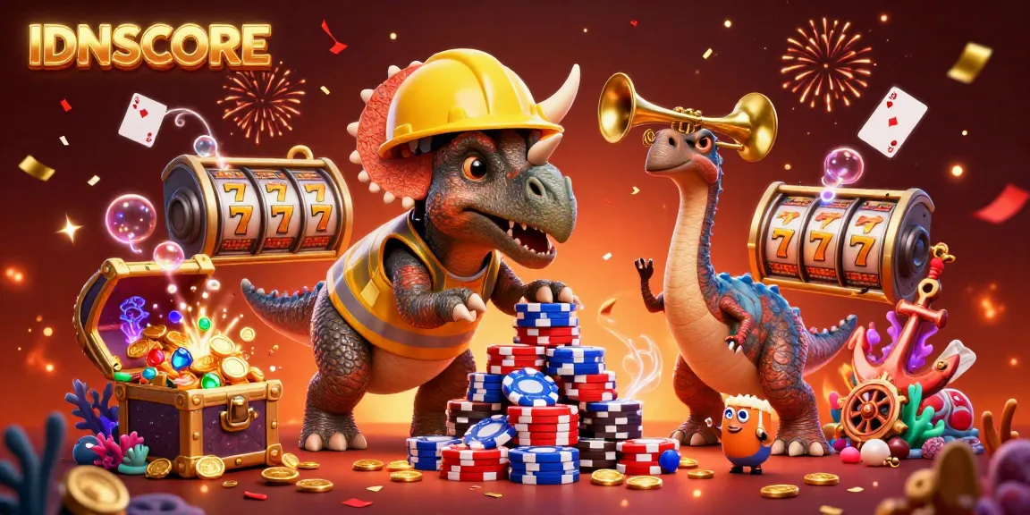 IDNSCORE celebrates its casino success with colorful poker chips and excited dinosaur characters.