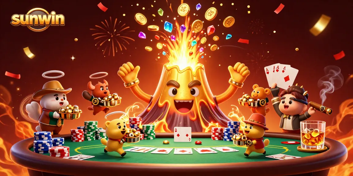 Win big at Sunwin with vibrant 3D illustration of a triumphant volcano and treasure-laden animals.