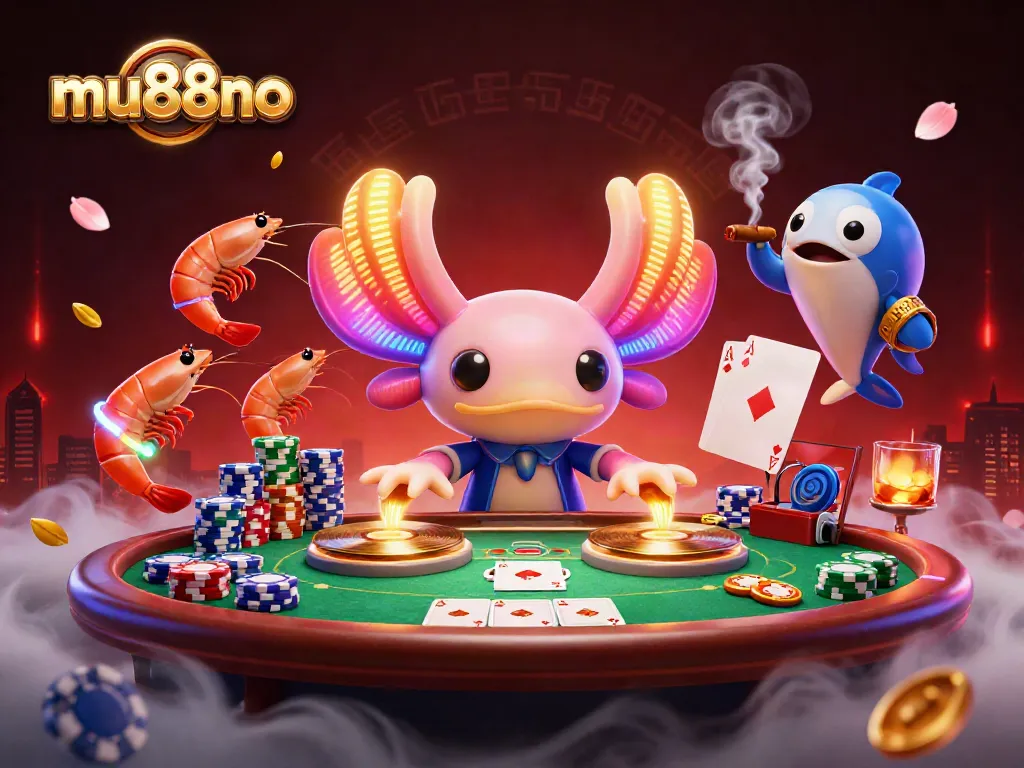 Experience excitement at mu88no with a colorful casino scene featuring an axolotl DJ and vibrant poker elements.