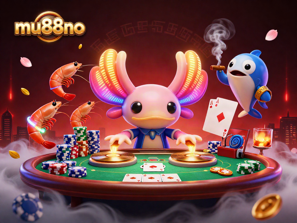 Experience excitement at mu88no with a colorful casino scene featuring an axolotl DJ and vibrant poker elements.