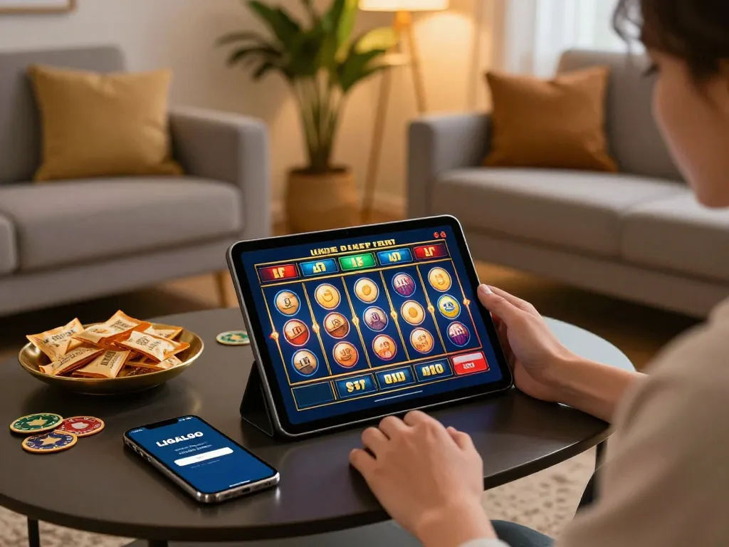 LIGALGO LOGIN for exciting online gaming, featuring player engaged in slot game on tablet.
