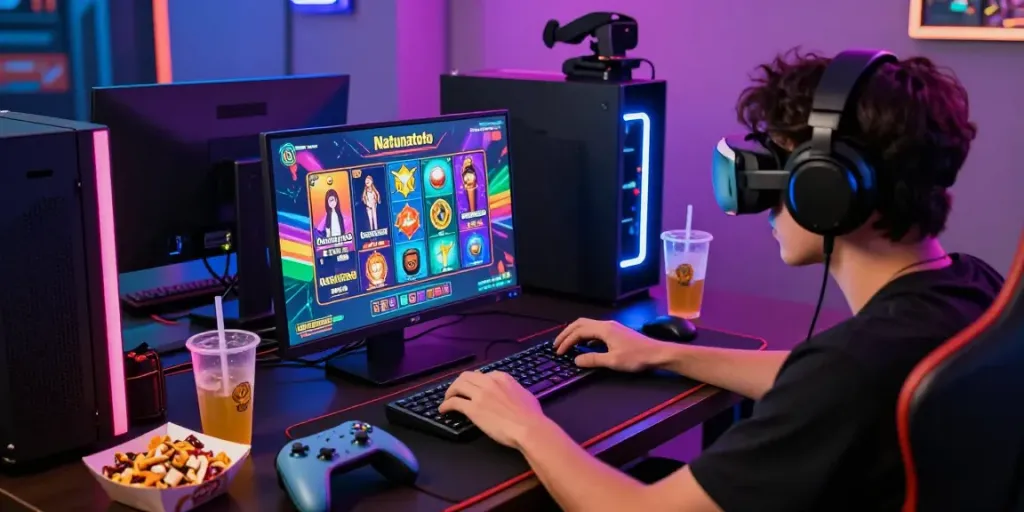 Pemain Natunatoto yang fokus pada laptop dengan suasana permainan yang ceria dan aksesori gaming yang menarik.