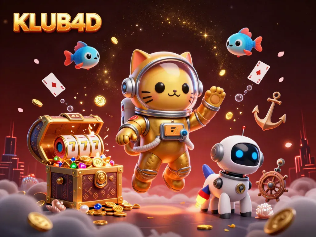 Gambarkan aksi menarik di KLUB4D dengan karakter kasino 3D dalam suasana yang kaya warna.
