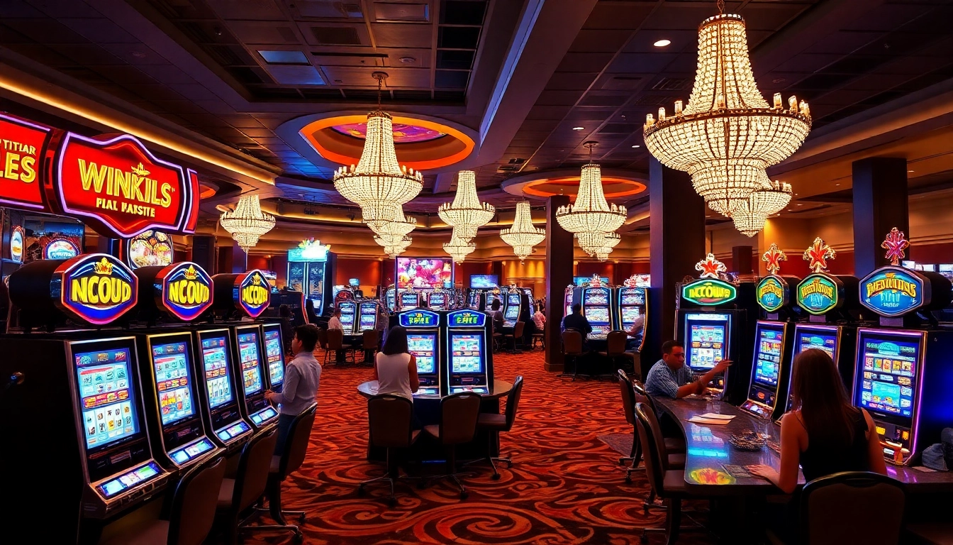 Situs mpo menampilkan suasana kasino yang energik dengan mesin slot berwarna cerah.