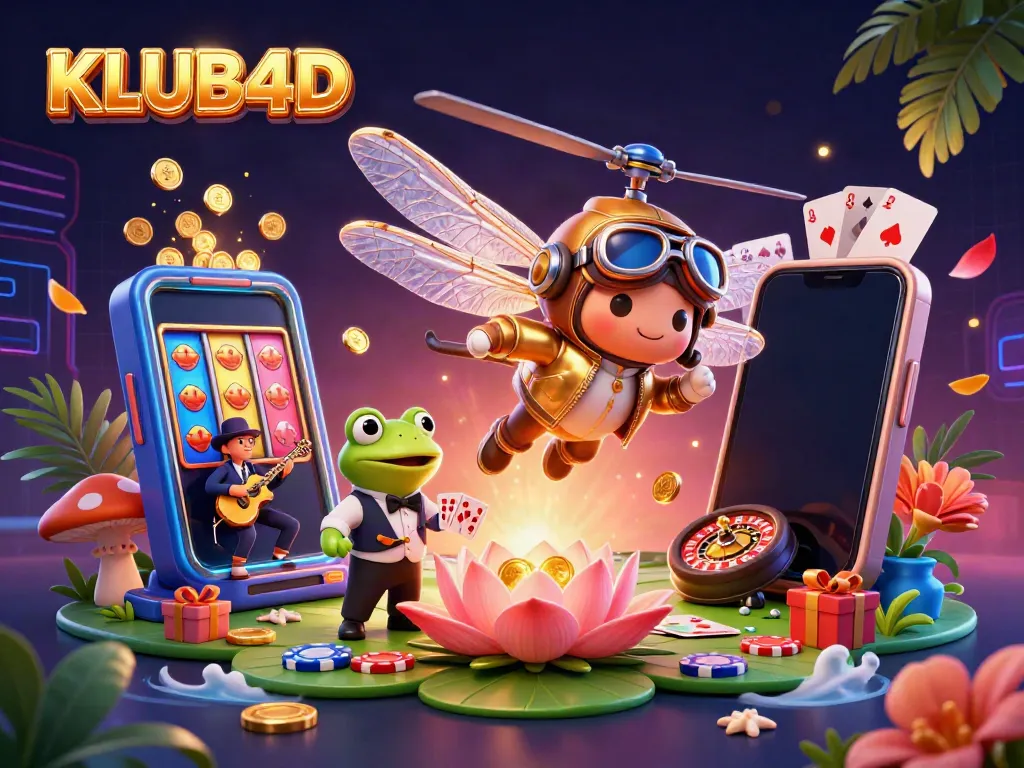 Gambarkan suasana meriah KLUB4D dengan pilot serangga dan croupier katak dalam casino yang penuh warna.