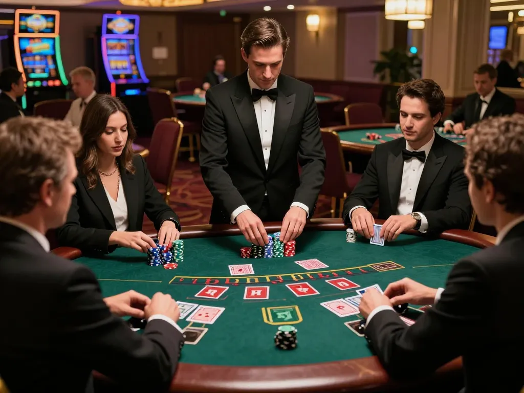 Engaged players at a blackjack table aiming for 33 win through strategic betting.