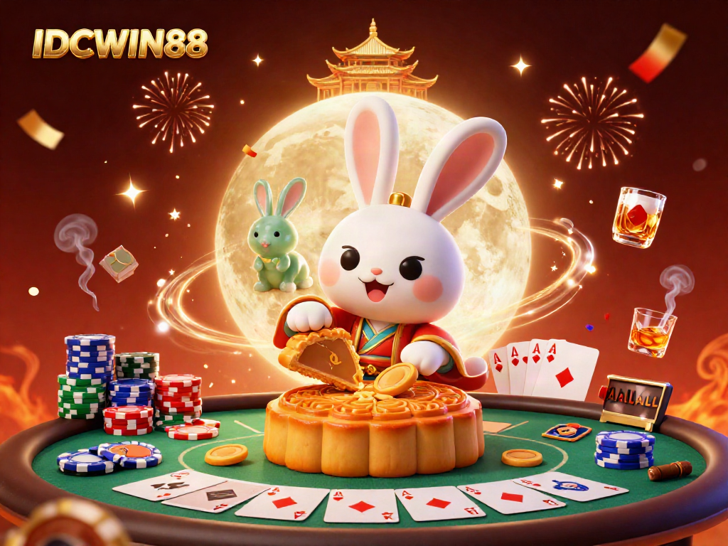 Experience the thrilling IDCWIN88 universe with a vibrant festival scene featuring a moon rabbit, poker chips, and festive elements.