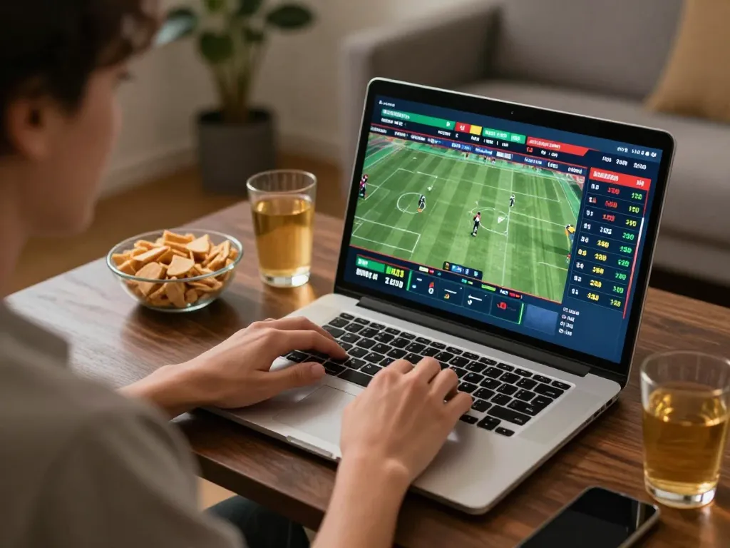 Engaging in live sports betting on 78win with laptop displaying real-time odds and events.