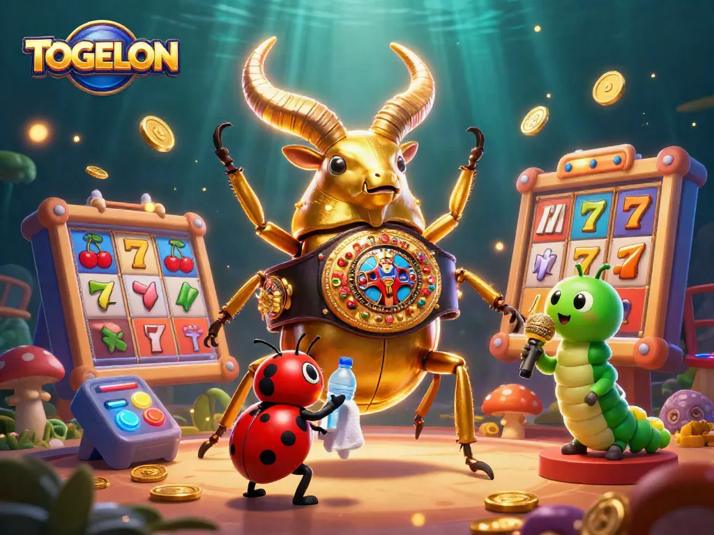 Engage with TOGELON's vibrant casino scene featuring dynamic slot reels and unique characters.