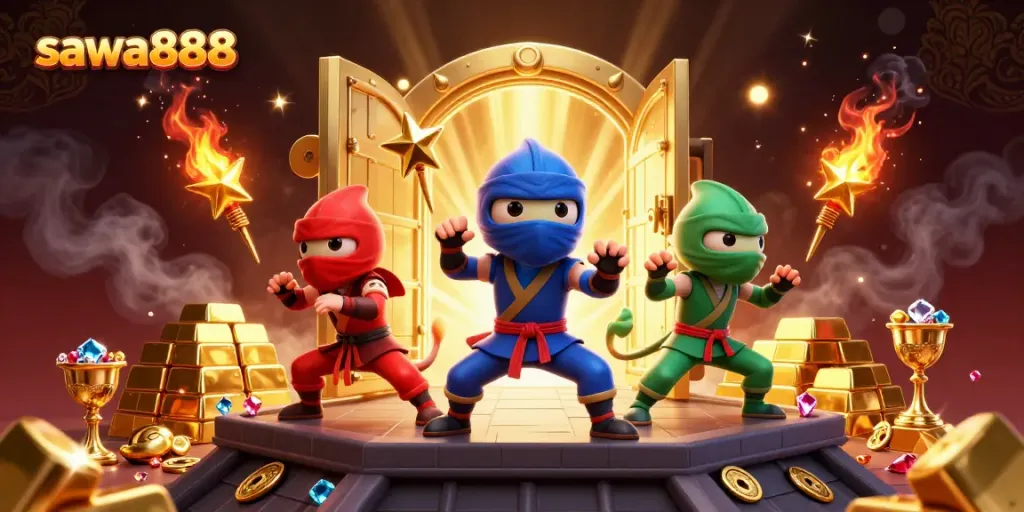 Experience thrilling gameplay with sawa888, illustrated through ninja chameleons and golden treasures in a vibrant casino setting.