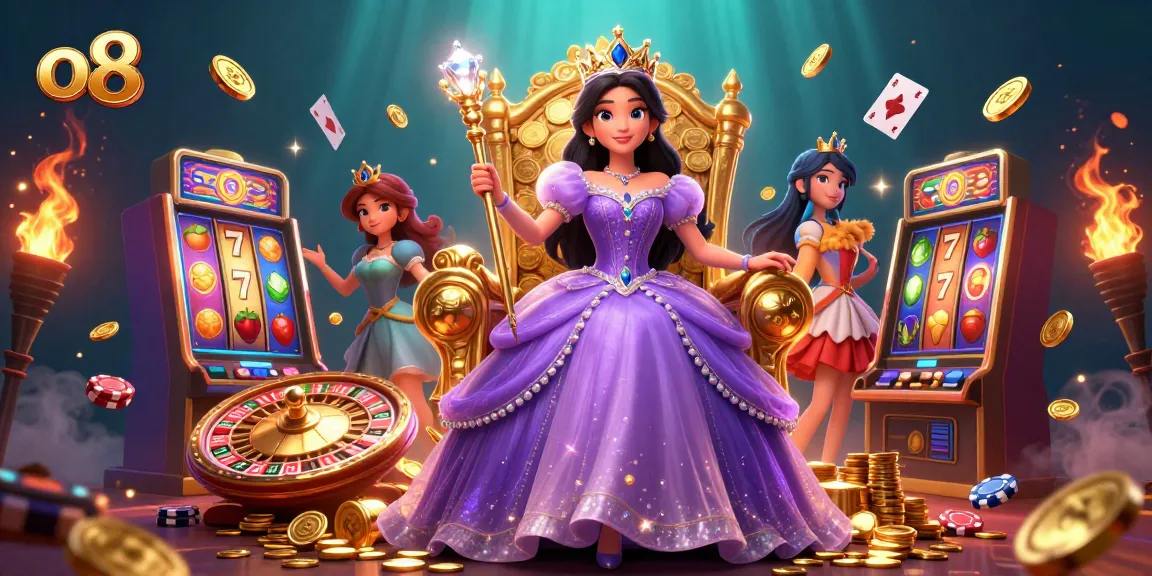 Experience the thrill at O8 with vibrant slot machines and a royal character amidst sparkling casino elements.