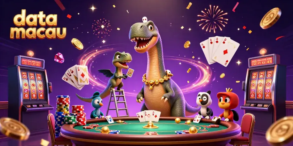 Melihat hasil data macau dengan kasino yang dipenuhi koin emas dan chip poker berwarna-warni.