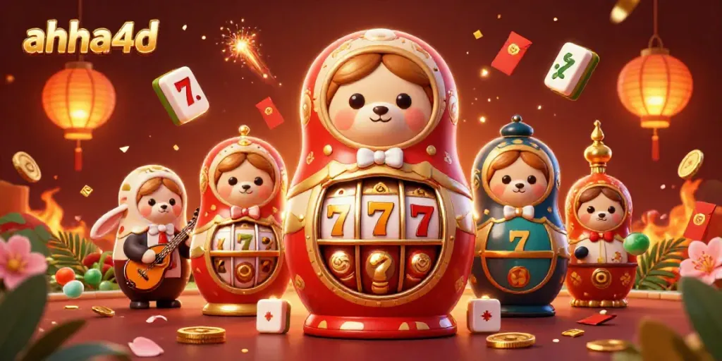 Permainan slot seru di ahha4d dengan karakter beruang Matryoshka yang menghibur dan elemen kasino menarik.