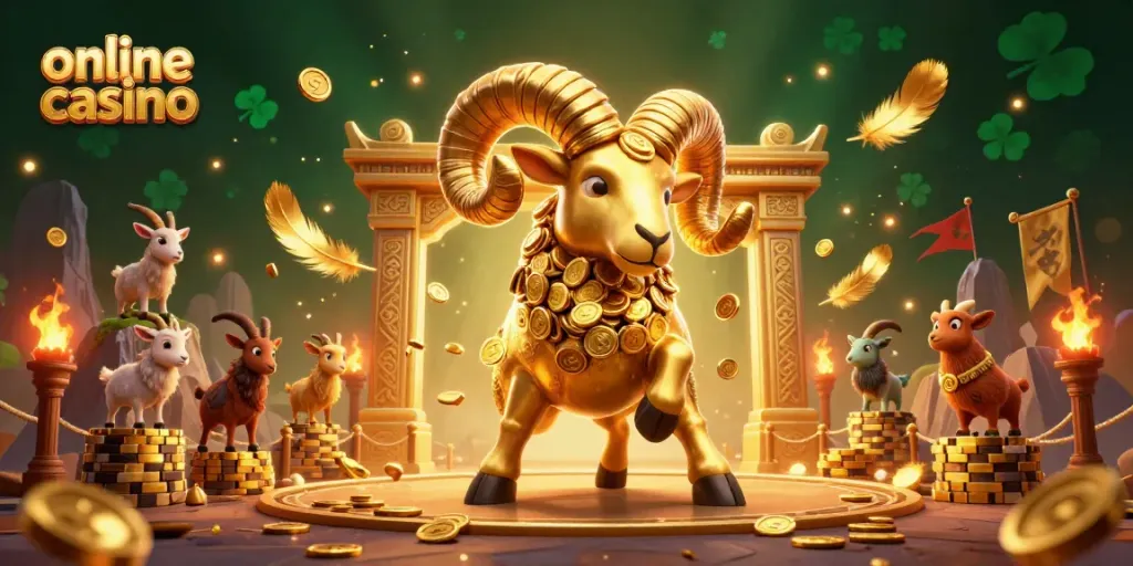 Play exciting online casino games with a golden ram charging through a vibrant casino scene.