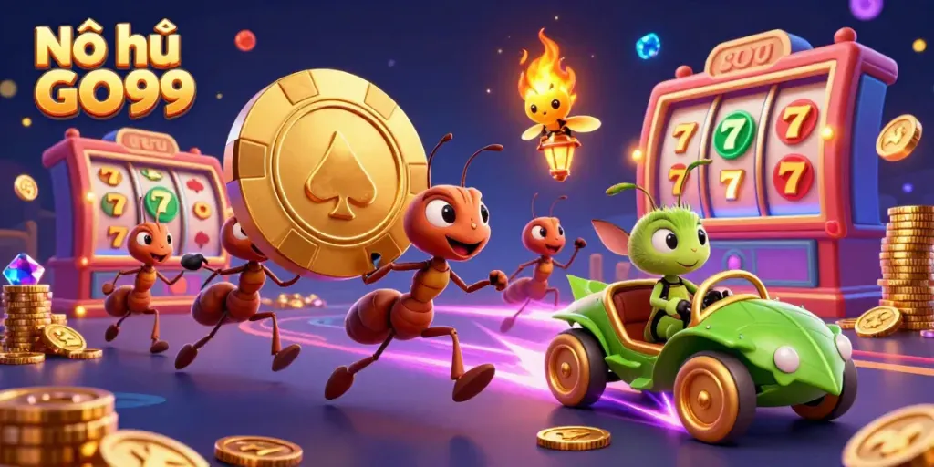 Nổ hũ GO99 showcases ants carrying a giant poker chip in a vibrant casino setting, emphasizing excitement and fun.