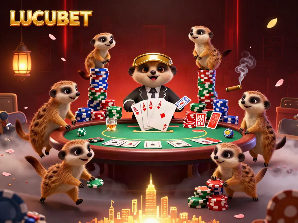 Meerkats engaging in a lively casino operation showcasing LUCUBET with poker tables, chips, and vibrant decorations.