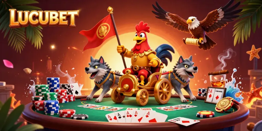 LUCUBET offers an engaging scene featuring a rooster warlord leading poker action with intense dynamics and vivid elements.
