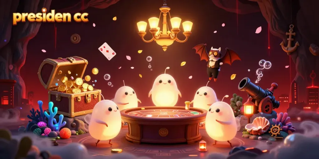 Engage with presiden cc while exploring a captivating cave casino scene filled with animated glowworms and treasures.