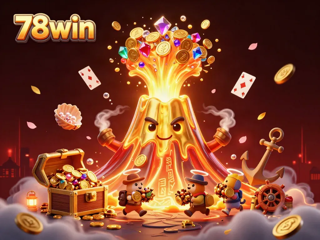 Experience the thrilling eruption of 78win's golden volcano showering coins and gems in this captivating casino scene.