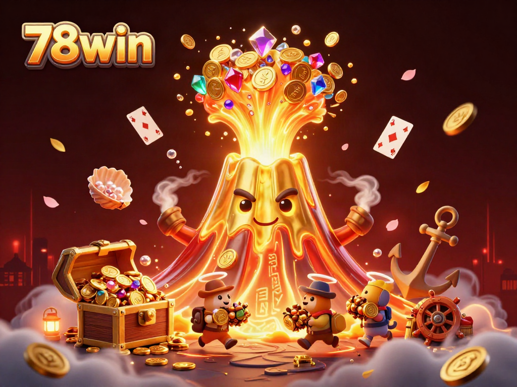Experience the thrilling eruption of 78win's golden volcano showering coins and gems in this captivating casino scene.