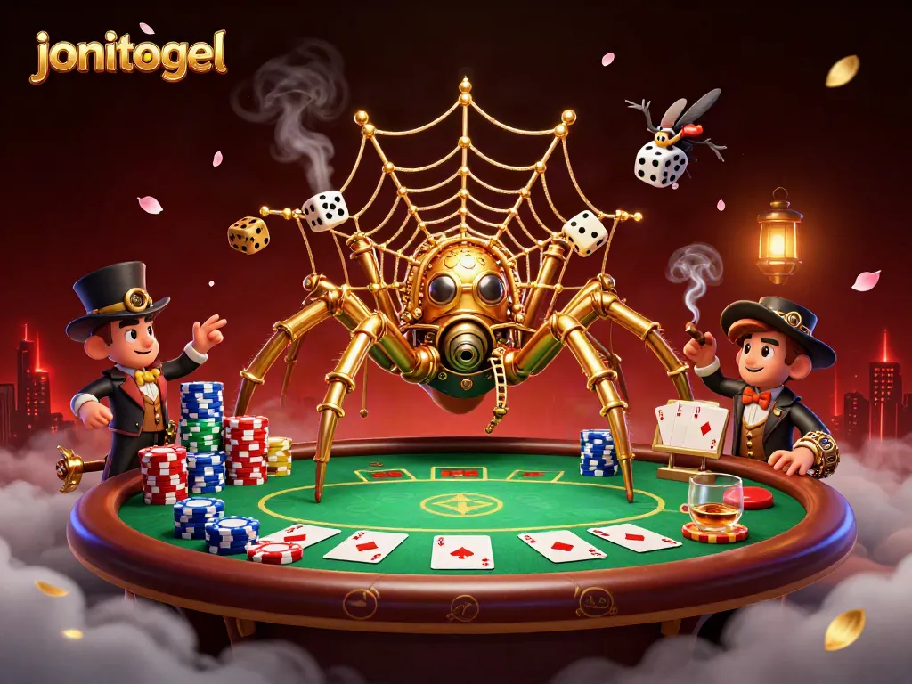 Experience thrilling gameplay at jonitogel while watching a steampunk spider spinning its intricate web of poker chips.