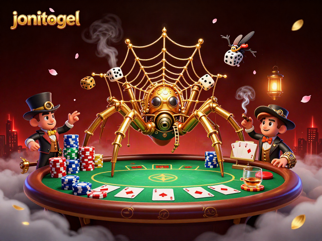 Experience thrilling gameplay at jonitogel while watching a steampunk spider spinning its intricate web of poker chips.