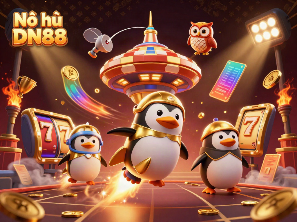 Experience excitement at Nổ hũ DN88 with a dazzling illustration of slot elements and a golden penguin adventure.