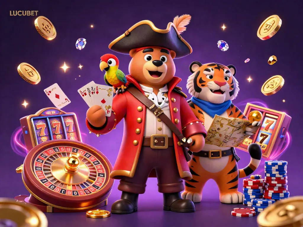 LUCUBET pirate scene showcasing exciting casino elements with vibrant characters and golden treasures.