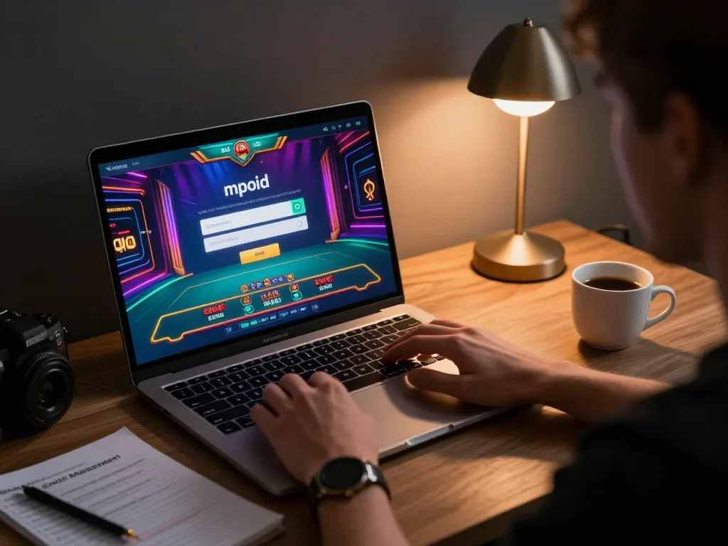 Engaging in live gaming with mpoid login on laptop, enhancing responsible bankroll management.