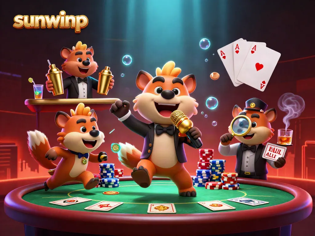 Hyenas in a comedy casino club represent sunwinp's vibrant gaming community with engaging atmosphere.