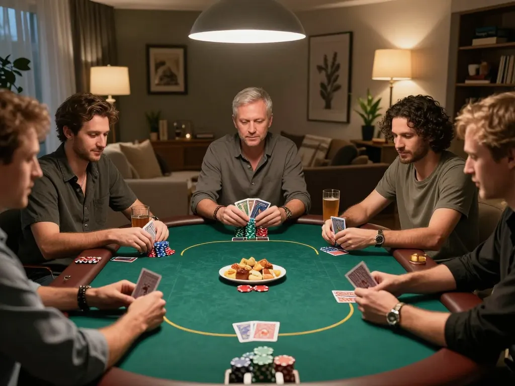 Pemain merencanakan strategi di malam poker di rumah, menikmati pengalaman permainan link deluna4d dengan minuman dan makanan ringan