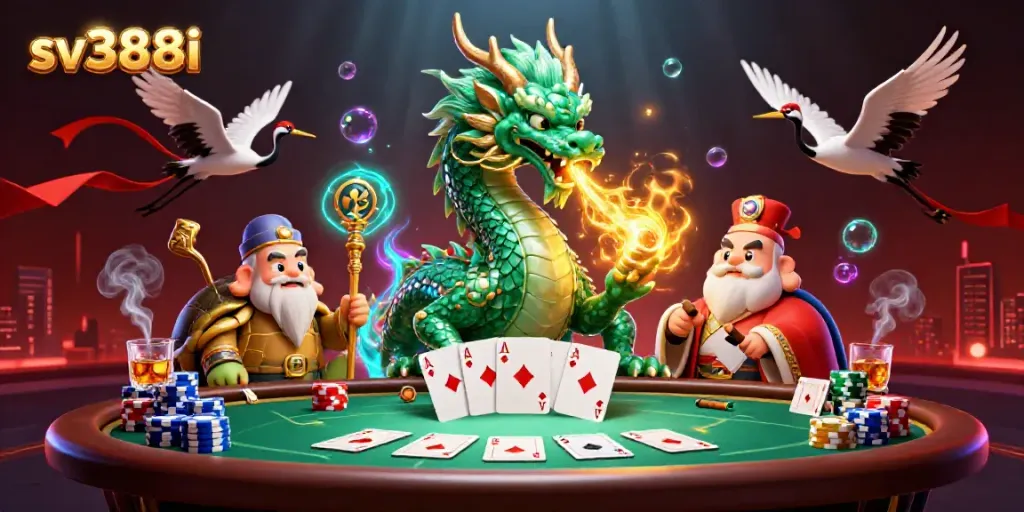 Engage with sv388i's vibrant casino fantasy, featuring a jade dragon and poker scene.