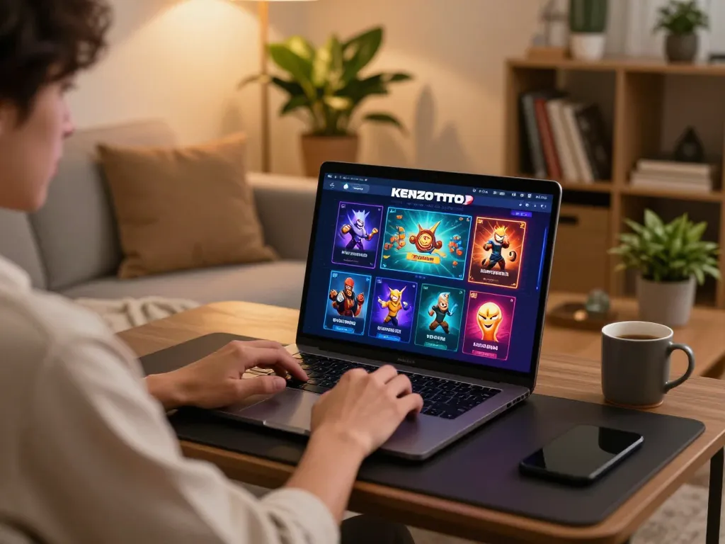 Pemain menjelajahi antarmuka kenzototo di laptop dalam pengaturan rumah yang stylish, menampilkan permainan online