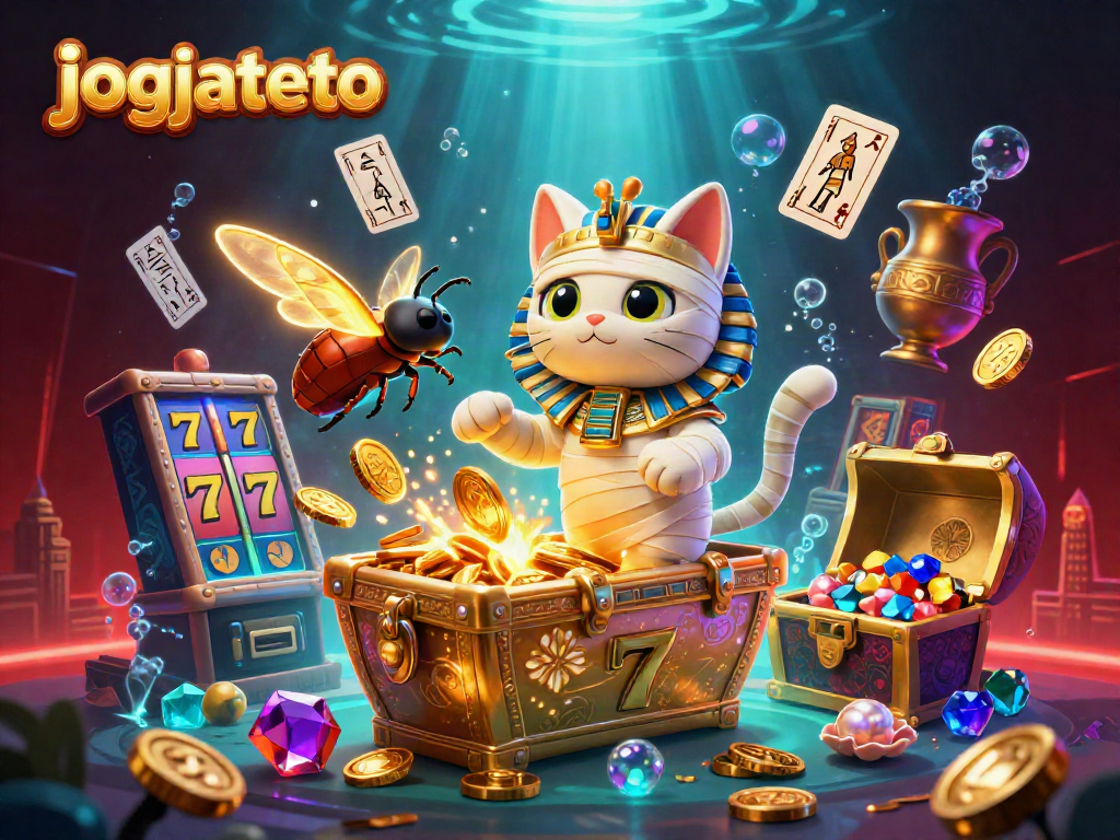 Experience thrilling gaming with jogjatoto featuring vibrant slot reels and an exciting pyramid casino scene.