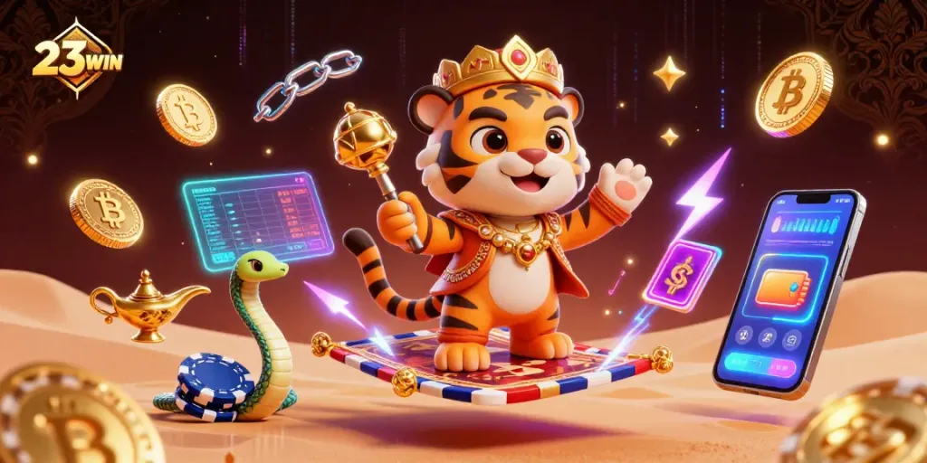 Engage in thrilling gaming adventures with 23WIN's dynamic casino scene featuring exotic characters.