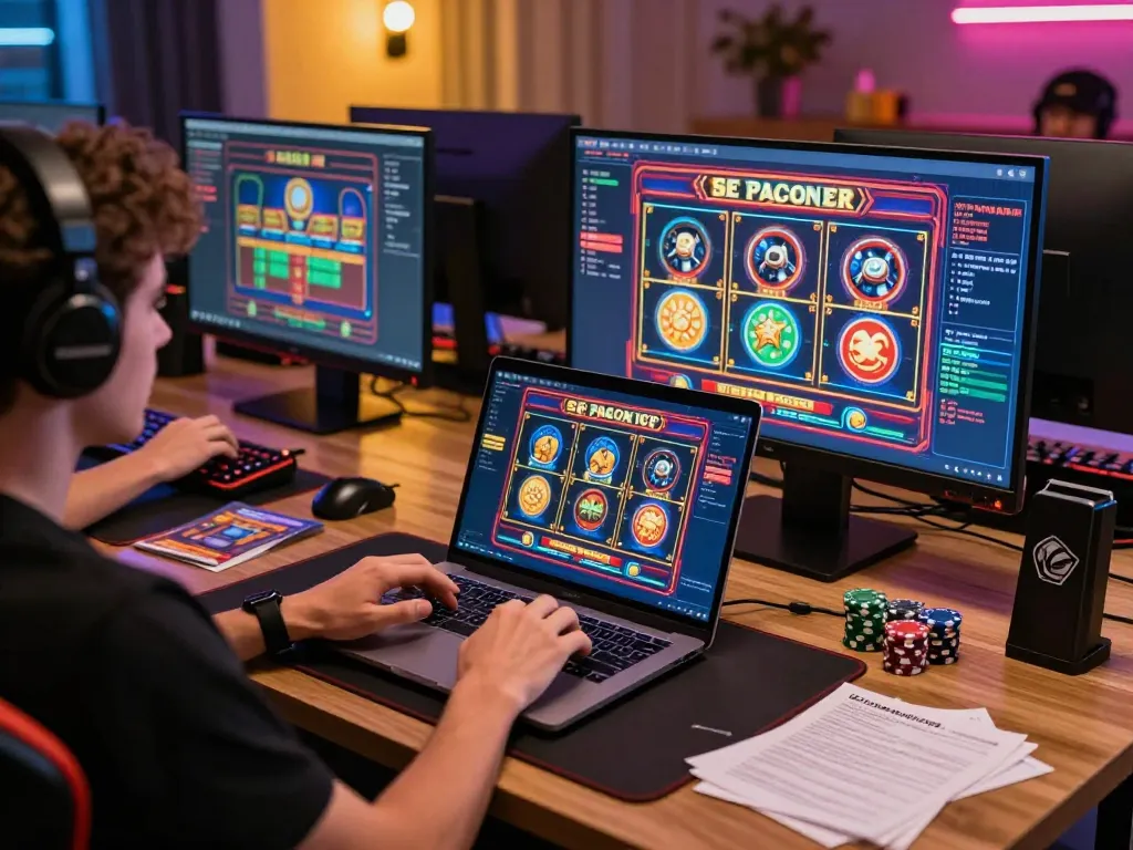 Pemain online yang terlibat memutar slot spaceman di laptop dalam pengaturan permainan yang nyaman.
