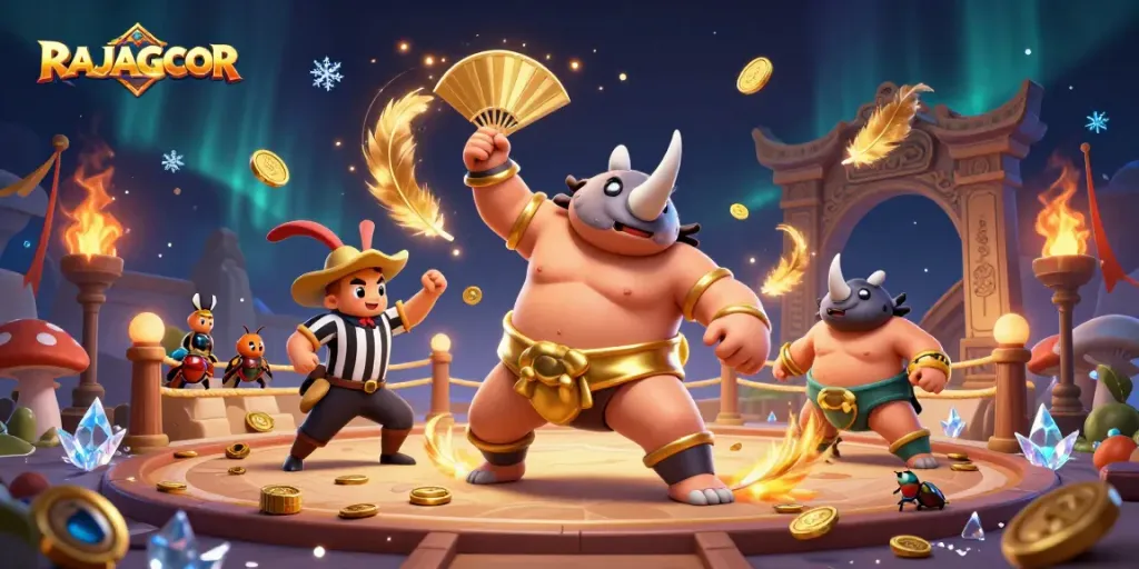 Ilustrasi 3D RAJAGACOR menampilkan juara gulat kupu-kupu yang menginspirasi dengan koin emas terbang dari hentakannya.